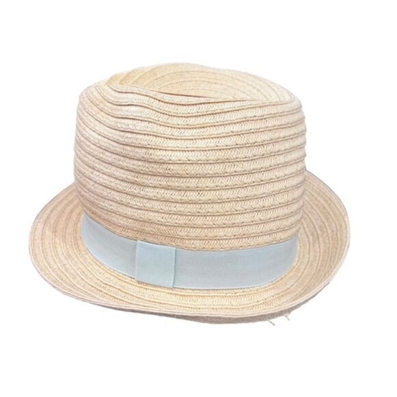 Straw Fedora Hat Preppy BOHO Cottagecore Pool Beach Travel Light Blue Ribbon - Picture 2 of 9